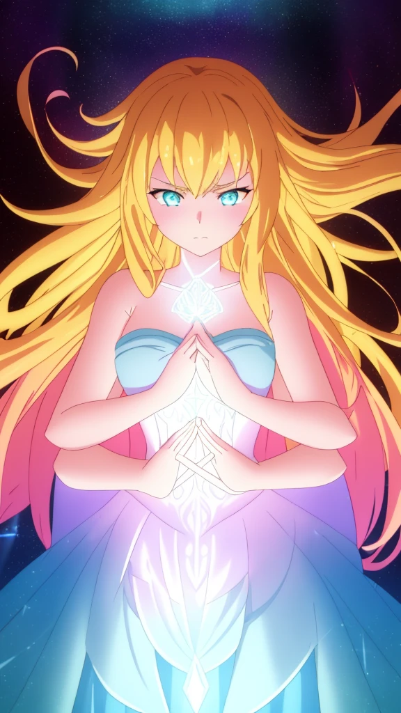 beautiful girl, puffy tiered ballgown, vibrant pastel colors,(20years old,madure female),(angry),closed mouth,white dress,cleavage,sleeveless,((glowing blonde long hair)), magical lights, sparkling magical liquid, inspired by Glen Keane, inspired by Lois van Baarle, disney art style, by Lois van Baarle, glowing aura around her, by Glen Keane, jen bartel, glowing lights! digital painting, flowing glowing hair, glowing flowing hair, beautiful digital illustration, fantasia background, whimsical, magical, fantasy, ((masterpiece, best quality)), intricate details, highly detailed, sharp focus, 8k resolution, sparkling detailed eyes, liquid watercolor,forest,night,(extra arms),(dynamic angle)