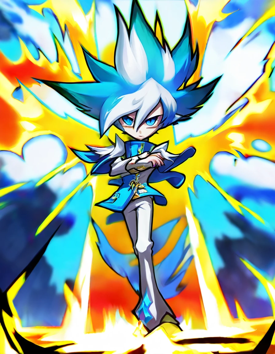 white human pele, better aesthetics, lolsplashart, standing alone, 1  boy, containment, blue colored eyes, missiles, elsword, male focus, citys, pants, missilesduras, Ablaze, colored fur, , shoulder missilesduras, gem, Ablaze eyes, duck.