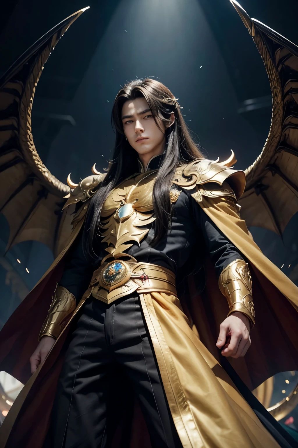 Animation anime male with long, dark long hair, golden dragon eyes, powerfull wings and he's dressed like a king