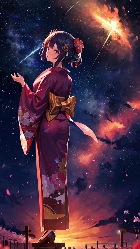 One girl, distant girl wearing a kimono staring at the performer, (Zoom out:1.1), (Meteors:1.2), (comet:1.1), yourname, Low - Angle, From behind, Aloura Borealis, shooting star, yukata, Red kimono, cherry blossoms, Standing in the field,Highest quality, masterpiece, cloud,colorful, Starry sky,performer,