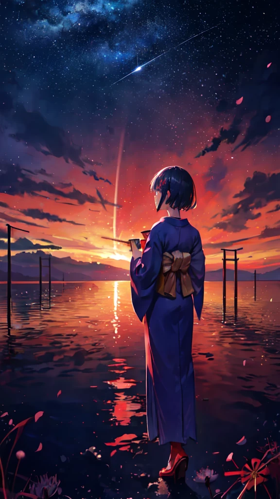 One girl, distant girl wearing a kimono staring at the performer, (Zoom out:1.1), (Meteors:1.2), (comet:1.1), yourname, Low - Angle, From behind, Aloura Borealis, shooting star, yukata, Red kimono, cherry blossoms, Standing in the field,Highest quality, masterpiece, cloud,colorful, Starry sky,performer,