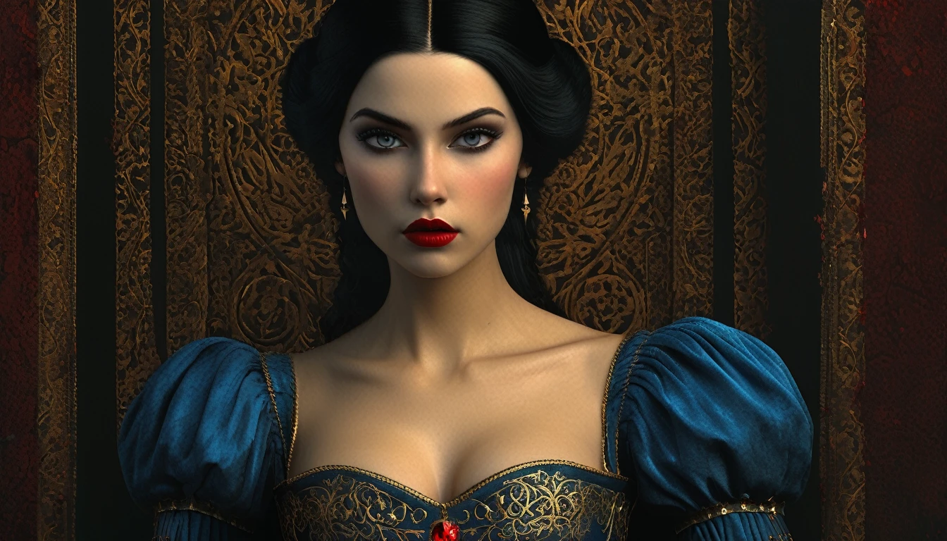 (((medieval style))), image of a princess in a blue dress wearing a super tight corset with bleeding lips, Bill Henson, super detailed golden eyes, blood red lips, black hair, super detailed 4k, Unreal 5 graphics engine