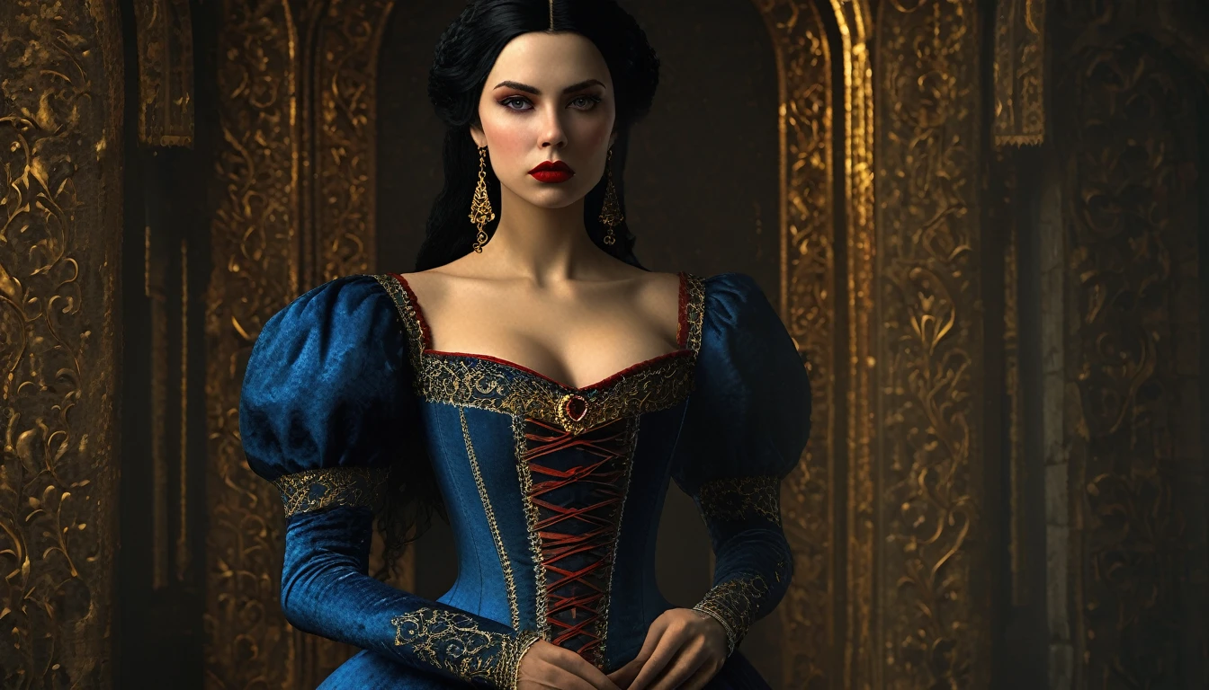 (((medieval style))), image of a princess in a blue dress wearing a super tight corset with bleeding lips, Bill Henson, super detailed golden eyes, blood red lips, black hair, super detailed 4k, Unreal 5 graphics engine