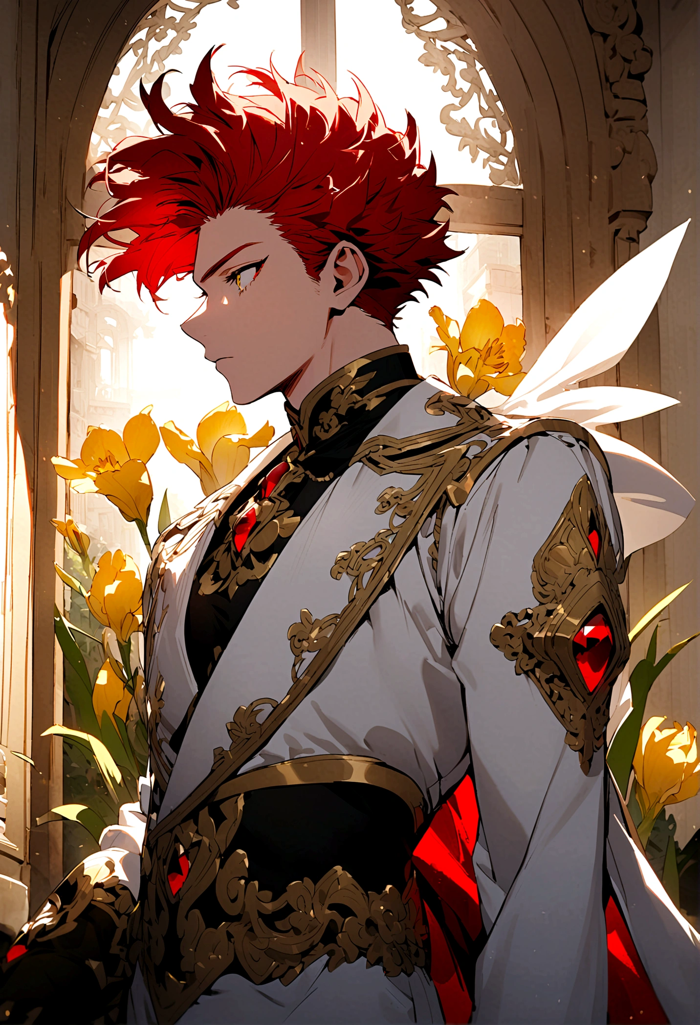 My Hero Academia Capture male with red hair, golden irises, white spy clothing with red accents