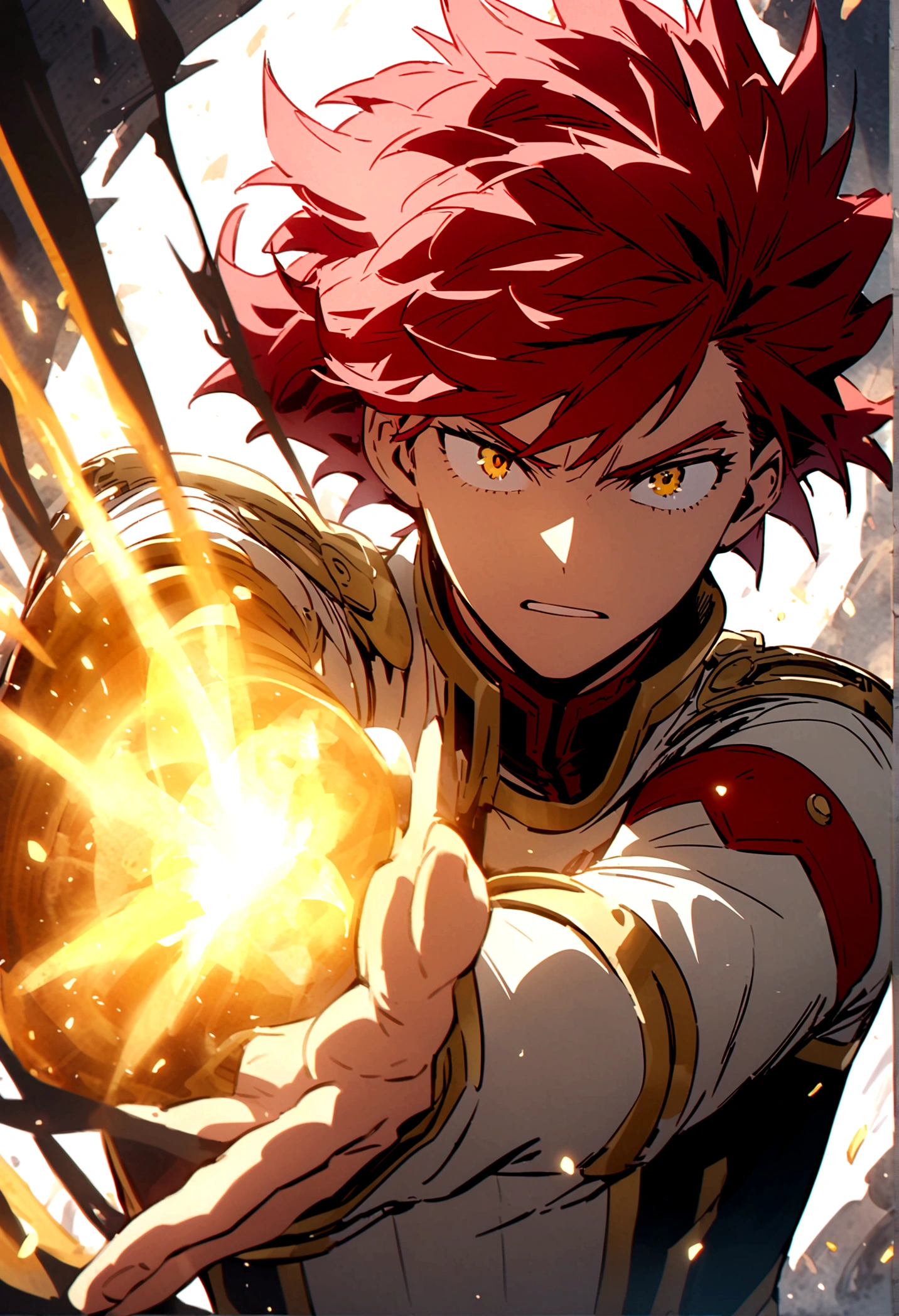 My Hero Academia Capture male with red hair, golden irises, white spy clothing with red accents