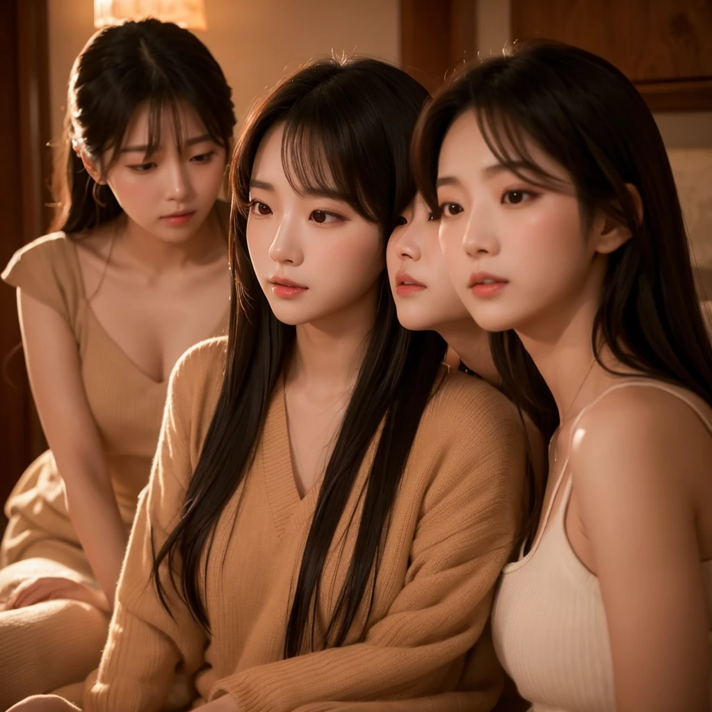 Prompt:
"Three Korean-style beautiful women singing emotionally in an intimate, warm-toned setting. The scene is warm and intimate, with slow pan and tilt shots capturing their emotive performances. The lighting is warm and soft, emphasizing their emotional expressions."