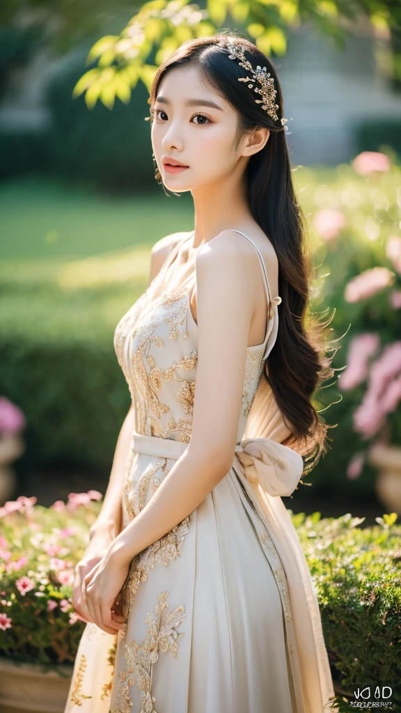 a beautiful young asian woman, slim body, elegant dress, flowing hair, delicate facial features, intricate makeup, serene expression, outdoor garden with flowers, natural lighting, (best quality,4k,8k,highres,masterpiece:1.2),ultra-detailed,(realistic,photorealistic,photo-realistic:1.37),intricate details,vibrant colors,cinematic lighting,portrait,elegant,ethereal