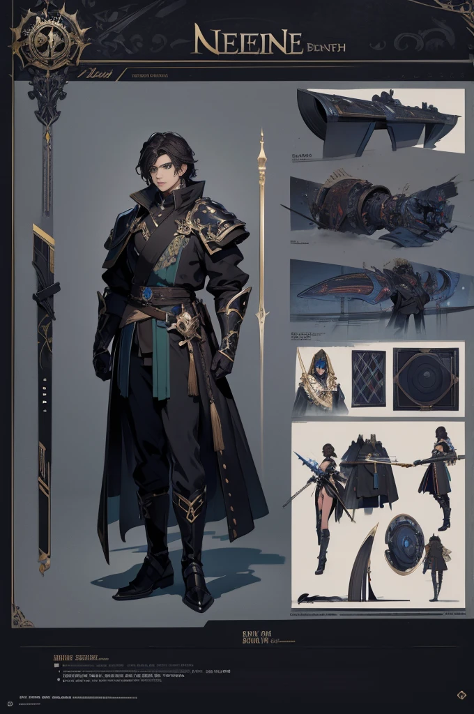 line-art, art book, design sheet, 8k, best quality, design, equipment design, geometry, fashion, 8k, ultra-detailed, fantasy hero, male, dark hair, 