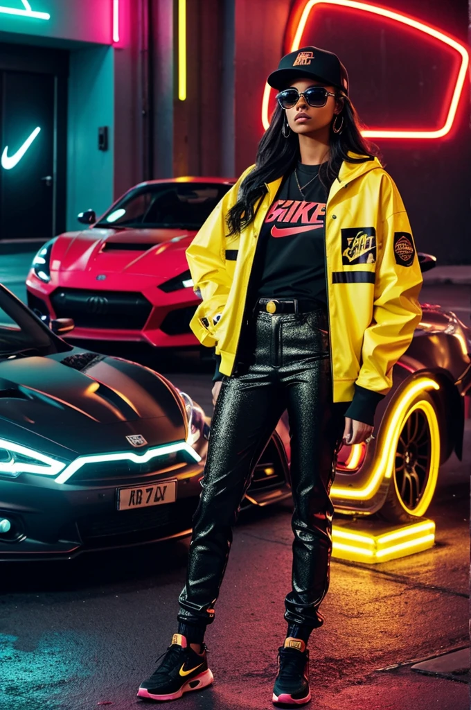 bottom: Use intense colors like red, black and gold to create a dramatic and bold atmosphere.
Main element: A female figure in a powerful and confident pose, with a defiant look. Must be dressed in bright, modern clothing., with accessories like big sunglasses and sparkly jewelry.
Additional details: Incorporates urban elements such as graffiti, neon lights and a sports car in the background.
typography: Use a thick, stylized font for the title "Bandida Loca", with glow or shadow effects to give it an extra touch of dynamism.
Additional person: A man a little taller than her, with a Nike Air hat and dressed in an outfit