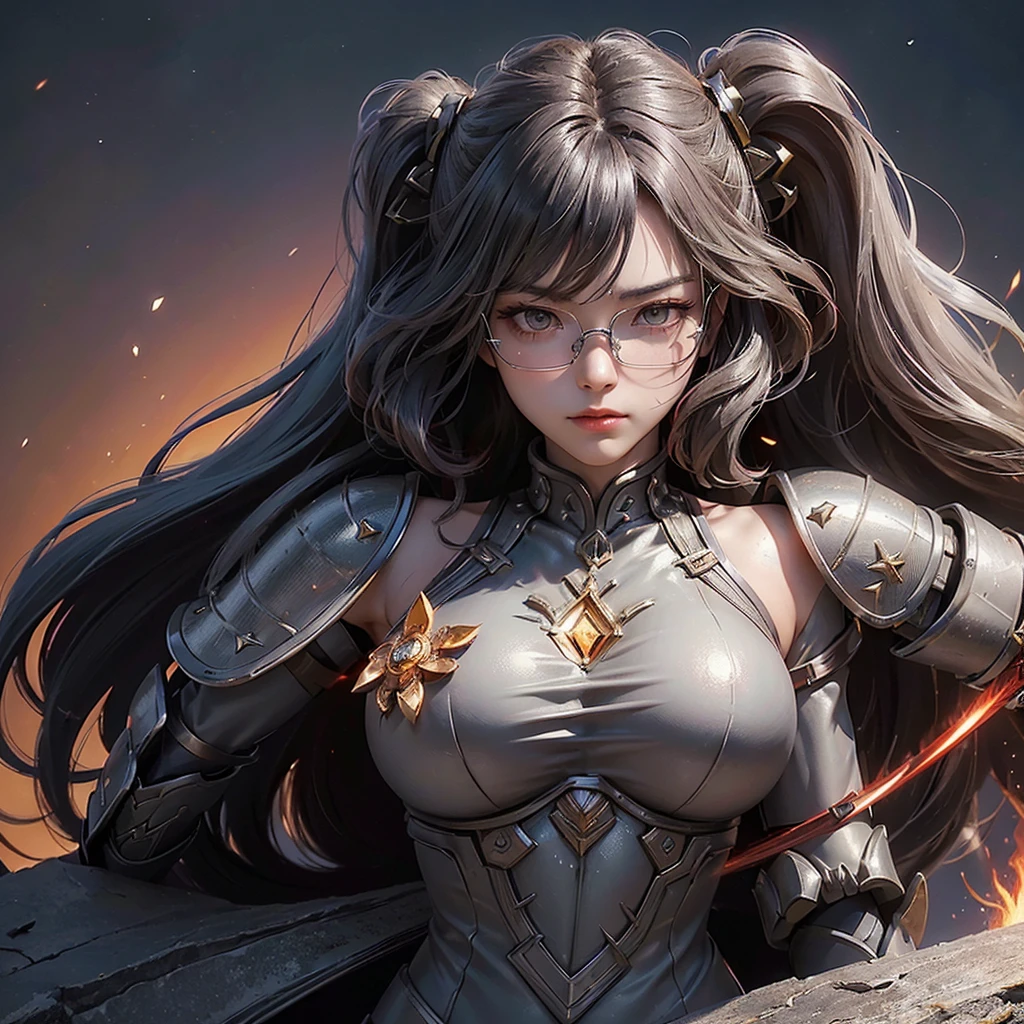 "(highest quality: 1.2), masterpiece, extremely detailed 8k uhd, ((Official Art)), CG, 1 Ultra-Detailed Goddess of War, A temple in the ruins of a ruined empire々Standing Up Together, (Dynamic posture: 1.3), Thick armor reveals the heart of the conflict, (Finer details), Shine, Places with strong light, (armor of historical importance:1.2), Shine Metal Armor, (Shine magic symbol on armor:1.3), (There was magic all around her.:1.3), Long black hair waving in the wind in every detail, Detailed Weapon Holding, (Sharp Sword, Shine:1.3), Shine eyes filled with determination and vision, ((Silver Armor、Big Breasts、Glasses)), A shield that reproduces the symbol of immovability with ultra-precision., (intense expression:1.1), (After her, A new empire is soaring into the sky: 1.4), (Light is、Highlighting her dominance and rebirth behind the scenes:1.4), (Fiery red flags fluttered:1.1), (The wind carries whispers of new beginnings:1.1), (wisdom and rebirth:1.2), (Strong stance:1.2), (Overwhelming Mystical Power:1.2), alone, (Shine sweat:1.1), gem armor, (The contrast between silver and gold:1.3), (The overall red color covers the scenery:1.4)"