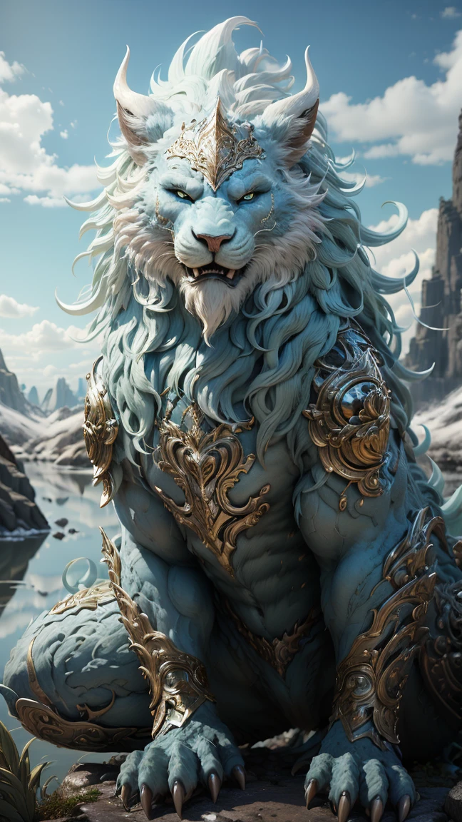 Great Wilderness East Meridian，dream-state、fanciful、A mythical beast anthropomorphic、banya，tmasterpiece，Toenails，pale-blue，sickle，safe，Layered hair，flame，white colors，Fur，pastel green，metall armour，Ultra-high resolution，high high quality，Export details