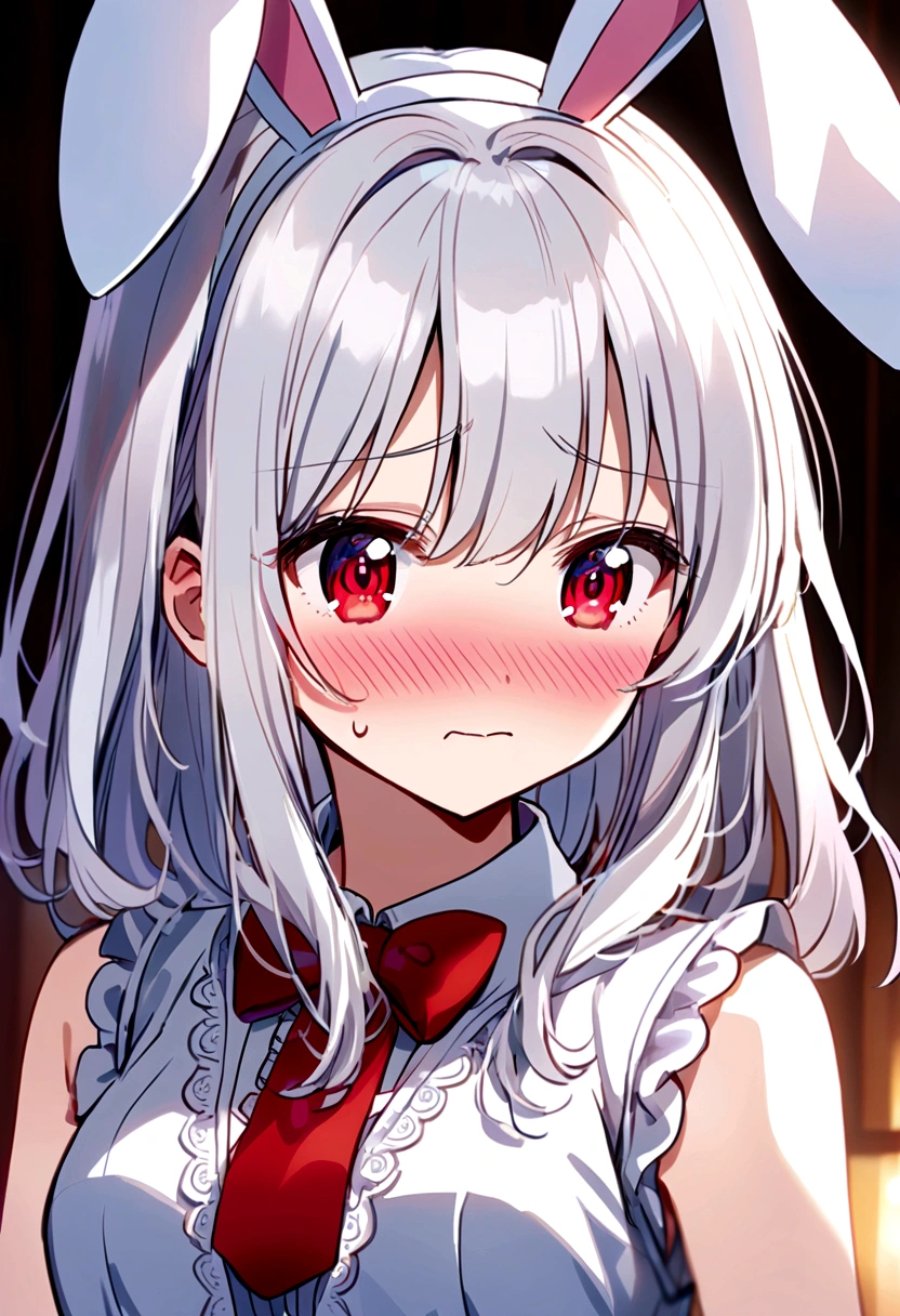one girl, cat ears, white hair, naive, aphrodisiac, maid, light blue eyes, blush, erotic hypnosis, standing, face focus, shy, bow, heart eyes, 13 years old, open mouth wide, sexy mouth, semen in mouth