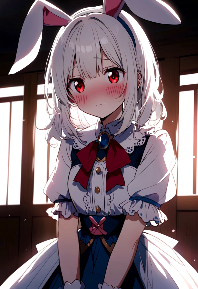 Anime girl with white hair bunny ears, Red eyes, Shy blush,