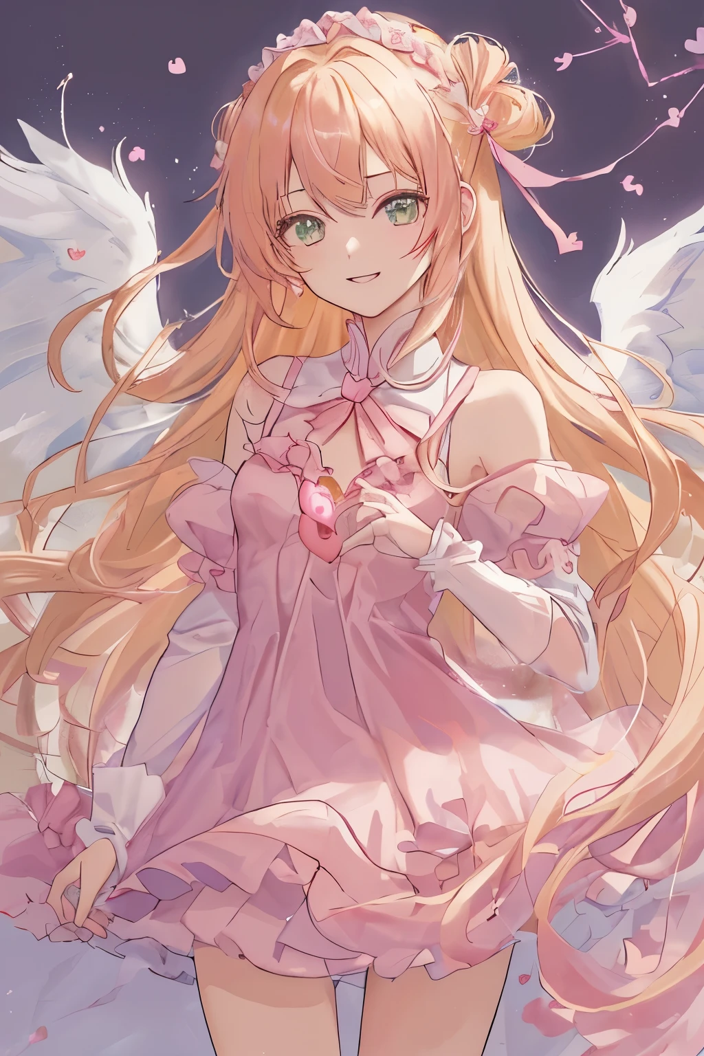 1_girl, (anime, kawai:2), (masterpeice, best_quality, simple, cute, dreamy, vibrant, clean:1.5), (cute, cute_smile, young:1.8), (delicate, beautiful, thin:1.5), (girlfriend, angel:1.6), (green_eyes, simple_eyes:1.5) (long_hair, blond_hair, wearing_pink_dress, pink_angel_wings, sexy_gloves:1.8), extremely_delicate, (love_magic:1.5), (age_size_fits_body), (small_thighs:1.3), (breasts), (eye_level:1.3), (heart_magic, love:1.5),