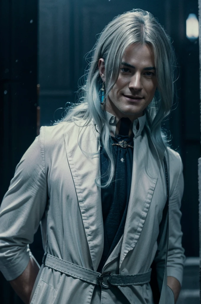 In realistic painting portrait of high quality and detail, Dottore (Genshin Impact), 2000's movie style, , 1man, full body, 30-year-old man, sharp features, detailed face, evil smiling expression, He has long blue hair and red eyes. He is wearing a white coat with silver inserts over a blue shirt and loose black trousers. There are a lot of black belts and blue details on the clothes, dark and moody lighting, portrait, contrasting colors, subtle shadows, mysterious atmosphere, outdoors, snow, Red Square on the background, He's stands on the 19th century Red Square, (ultra-high detail:1.2), Masterpiece, Best Quality, Ultra-detailed, Cinematic lighting, 8K, delicate features, cinematic, 35 mm lens, f/1.9, highlight lighting, global lighting –uplight –v 4, Cinematic lighting, 8K, high quality, Highest Quality, (Solo Focus), (extremly intricate:1.3), (Realistic), masterful, Analog style, (Film grain:1.5), (warm hue, cold tone), Mystical powers, fantasy, Depth & Perspective, movie style, dark and mysterious atmosphere, 