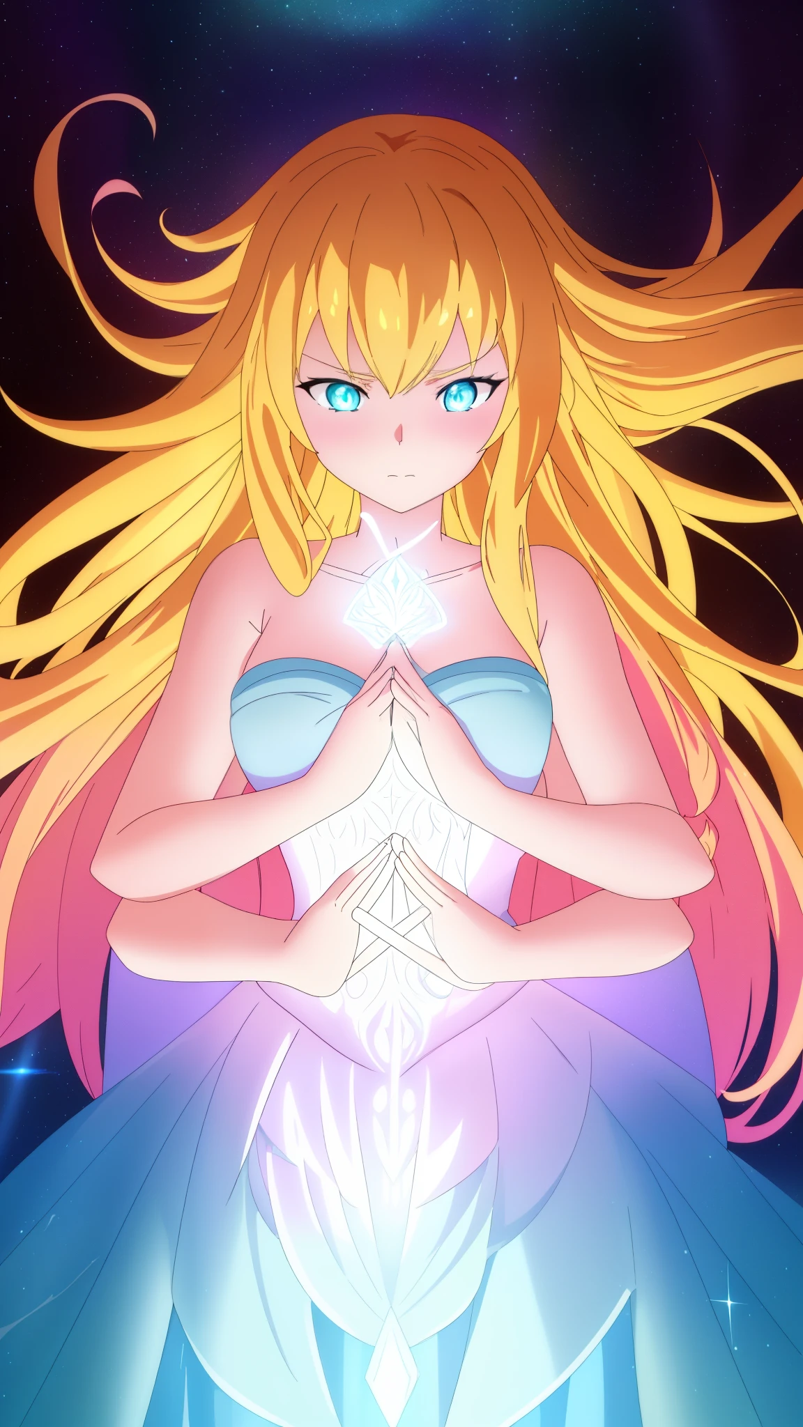 beautiful girl, puffy tiered ballgown, vibrant pastel colors,(20years old,madure female),(angry),closed mouth,white dress,cleavage,sleeveless,((glowing blonde long hair)), magical lights, sparkling magical liquid, inspired by Glen Keane, inspired by Lois van Baarle, disney art style, by Lois van Baarle, glowing aura around her, by Glen Keane, jen bartel, glowing lights! digital painting, flowing glowing hair, glowing flowing hair, beautiful digital illustration, fantasia background, whimsical, magical, fantasy, ((masterpiece, best quality)), intricate details, highly detailed, sharp focus, 8k resolution, sparkling detailed eyes, liquid watercolor,forest,night,(extra arms),(dynamic angle)