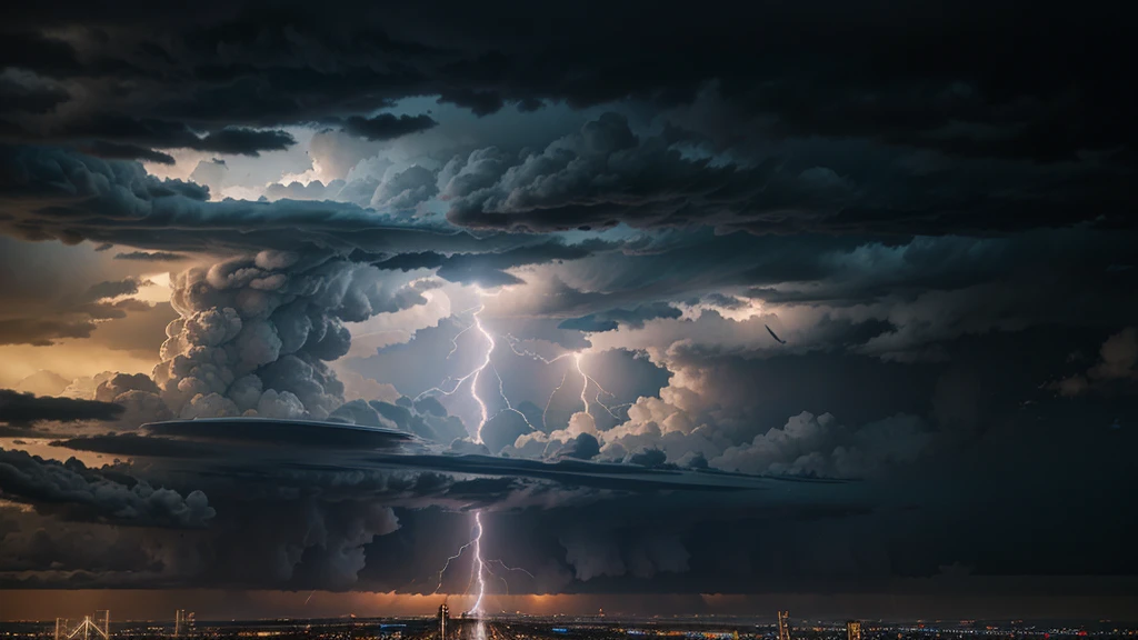 realist, personality: [Illustrate  Thor versus Superman, a panoramic view of a stormy sky with dark clouds swirling and lightning cracking across the horizon] unreal engine, hyper real