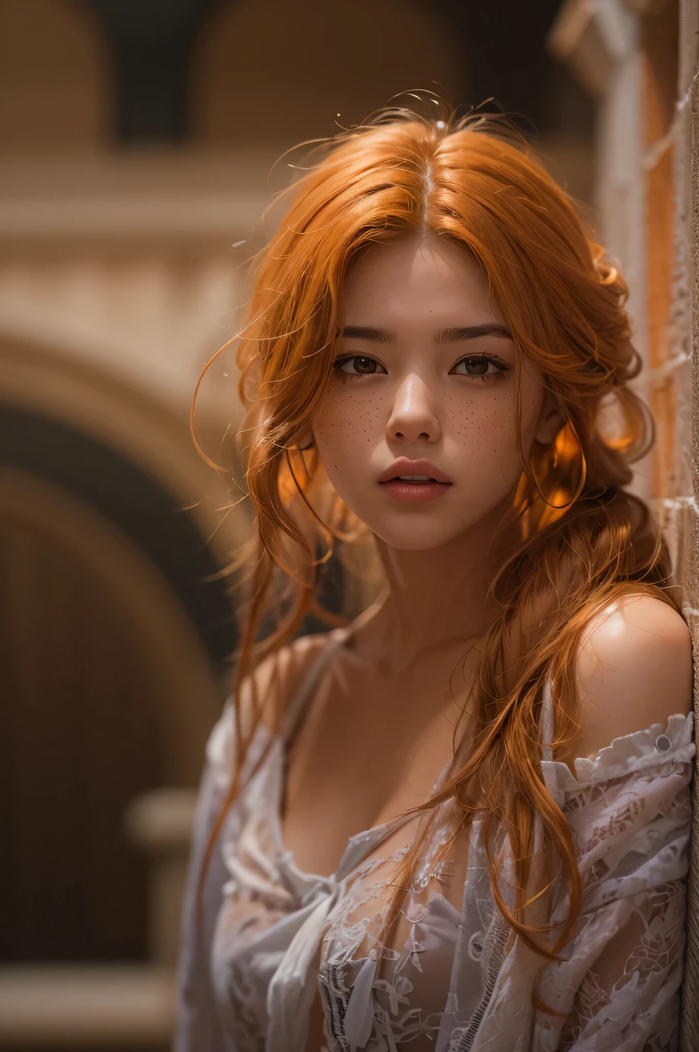 1girl, belviso, bob cut, braid, light freckles, lips, long hair, looking at viewer, messy hair, orange hair,
200AD Roman baths . dusty and beaten,
half body shot, realistic, solo, teeth
sexy, adorable, seductive
golden hour