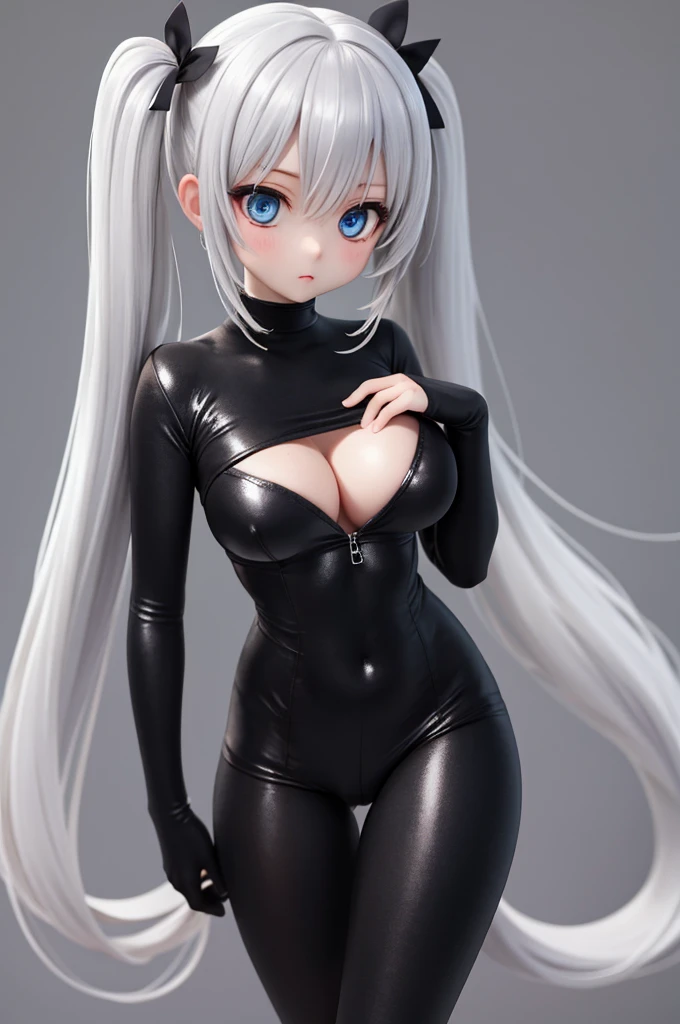 ,(Simple Background), woman alone, View your viewers,  Silver Hair,(gigantic sagging breasts), blue eyes, Very long twin tails, Very long hair,black zentai,,Small Ass,skinny,Thin legs