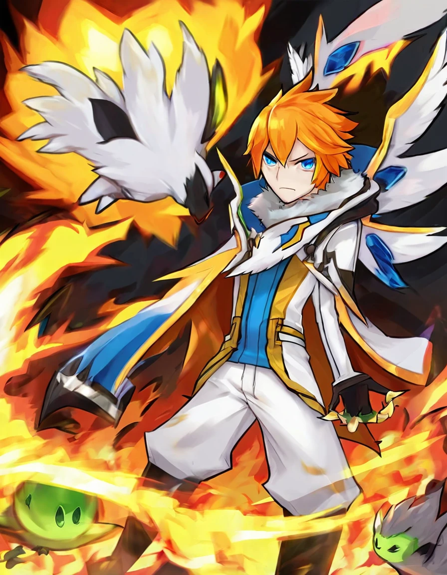 white human pele, better aesthetics, lolsplashart, standing alone, ung boy, containment, blue colored eyes, missiles, elsword, male focus, citys, pants, missilesduras, Ablaze, colored fur, , shoulder missilesduras, gem, Ablaze eyes, duck.