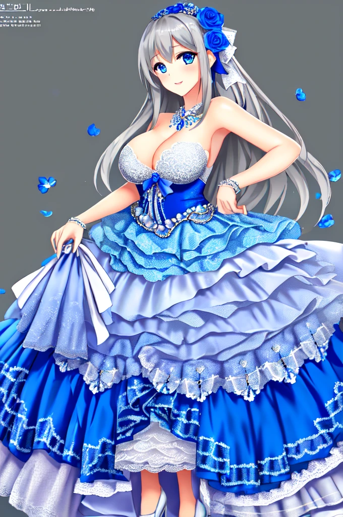 (((Best quality))),((Ultra-detailed)),((illustration)),((Disheveled hair)),((frilld)),(1 girl),(Solo),1girl,
1girl,
blue bow,
blue eyes,
blue flower,
blue ribbon,
blue rose,
bouquet,
breasts,
dress,
flower,
gradient,
gradient background,
grey background,
jewelry,
long hair,
necklace,
petals,
rose,
solo,
veil,
wedding dress,
white dress,
lexington \(warship girls r\),
gray hair,
long dress,
full body,
