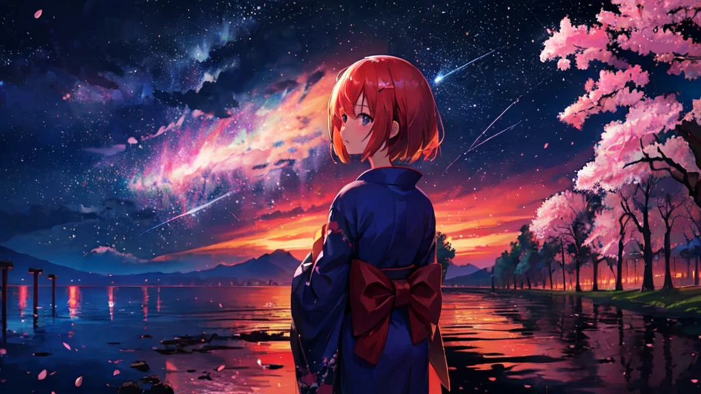 One girl, distant girl wearing a kimono staring at the performer, (Zoom out:1.1), (Meteors:1.2), (comet:1.1), yourname, Low - Angle, From behind, Aloura Borealis, shooting star, yukata, Red kimono, cherry blossoms, Standing in the field,Highest quality, masterpiece,  cloud,colorful, Starry sky,performer,