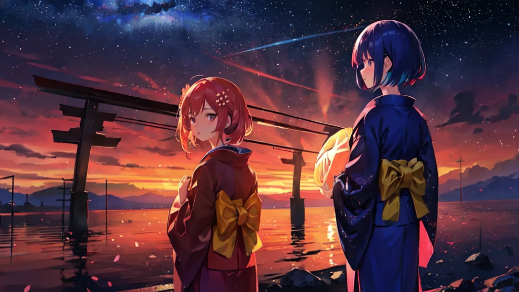 One girl, distant girl wearing a kimono staring at the performer, (Zoom out:1.1), (Meteors:1.2), (comet:1.1), yourname, Low - Angle, From behind, Aloura Borealis, shooting star, yukata, Red kimono, cherry blossoms, Standing in the field,Highest quality, masterpiece,  cloud,colorful, Starry sky,performer,