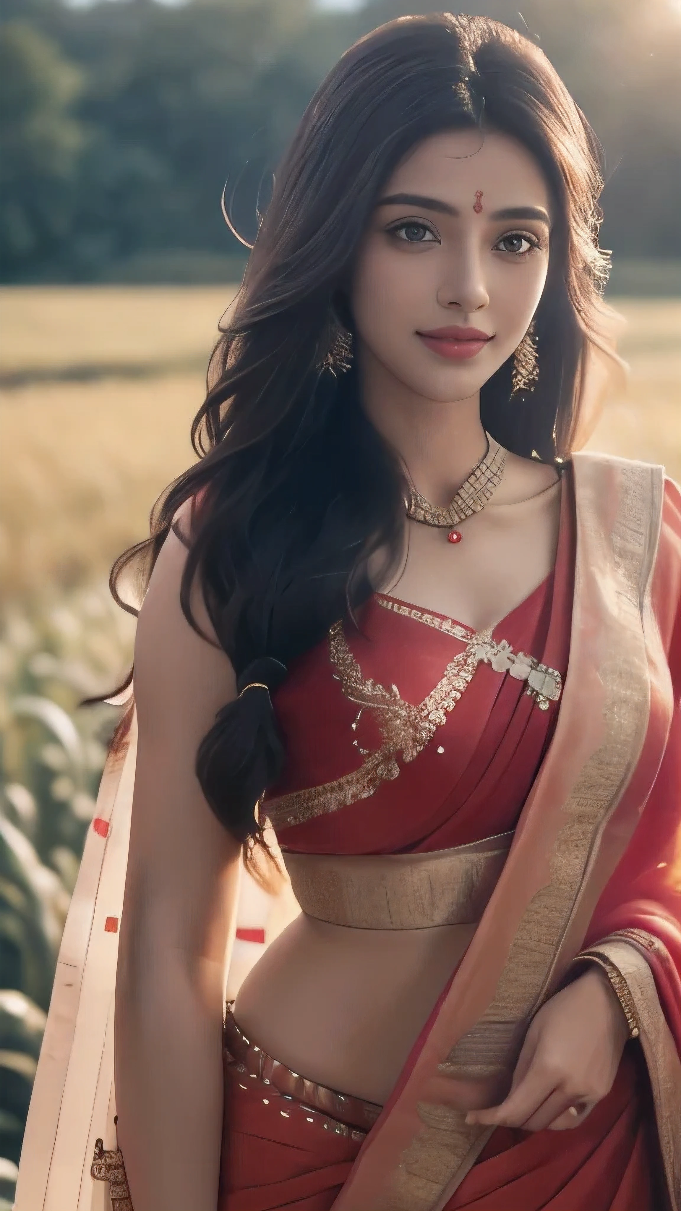 Close up, 24 year old indian woman, Bridal Red silky satin saree, White skin, long dense braided hair, Corn forming Fields landscapes background, ultra realistic, realism, cute, charming, day time, tattooed body, medium height, big eyes, pure Indian style saree, ambient lighting, perfect anatomy, detailed body and face, 8K, Masterpiece, RAW photo, Best quality, Photorealistic, Extremely detailed CG Unity 8K wallpaper, Noval Showing, Most Beautiful smile, ((smile:1.2)), very hot look eyes, Beautiful Smile 