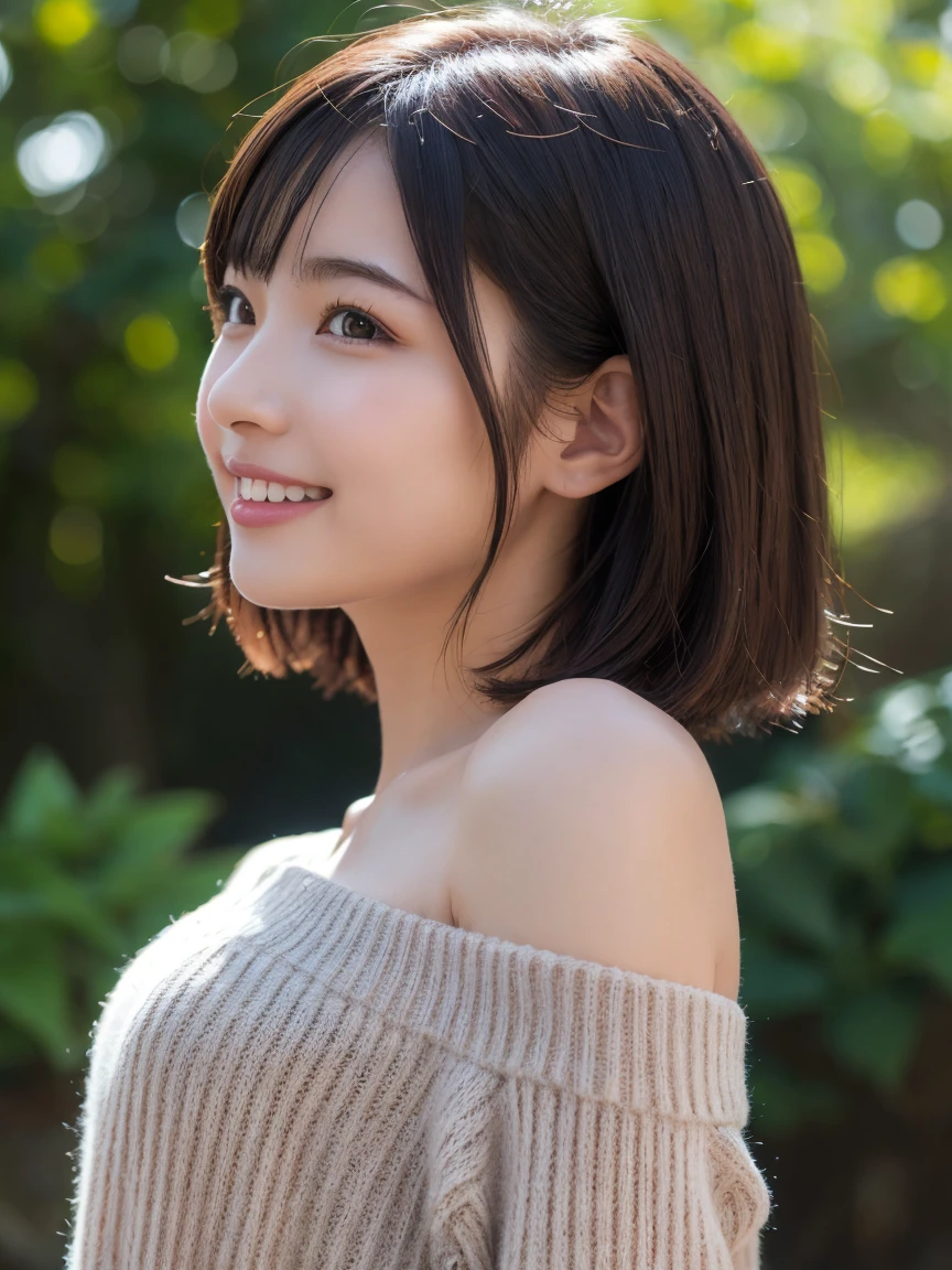 Highest quality, masterpiece, Ultra-high resolution, (Realistic:1.3), Portrait, (One Girl), Facing right, profile, whole body, (20-year-old), (smile:0.9), (Shiny skin), (short hair, Dark brown hair), Wear off-shoulder knitwear, smile, (Ultra detailed face), one's home, indoor, (Highly detailed eyes), (Highly detailed nose), (Highly detailed mouth), (Very skilled hands), (Super-detailed body), Sony a7, 85mm lens, f9.0, Pan Focus, Cute gestures, joy, looks fun, summer