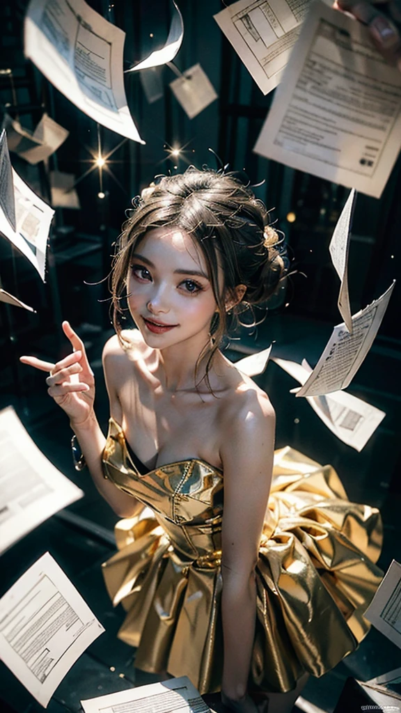 masterpiece,best quality,aesthetic,detailed face,subsurface scattering,from above,
wrenchsfantasy,fantasy,1girl,photo of a cute girl,light smile,charming,20yo,Updo Hair.Bald,Metallic gold hair,glowing,cloud,colorful || starry,stars,paperexplosion,surrounded by papers,papers flying in the air,papers flying from,
space_style,style-swirlmagic,style-sylvamagic,rainbow-candy,
illumination, divine light, revived holy magic, spread magical colors, enchanted, new fine detail, full cinematic perfect, creative, shiny, spiritual, dramatic epic, magnificent, great artistic, beautiful, stunning, intricate