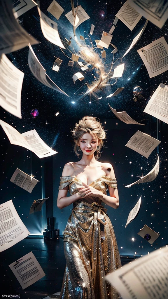 masterpiece,best quality,aesthetic,detailed face,subsurface scattering,from above,
wrenchsfantasy,fantasy,1girl,photo of a cute girl,light smile,charming,20yo,Updo Hair.Bald,Metallic gold hair,glowing,cloud,colorful || starry,stars,paperexplosion,surrounded by papers,papers flying in the air,papers flying from,
space_style,style-swirlmagic,style-sylvamagic,rainbow-candy,
illumination, divine light, revived holy magic, spread magical colors, enchanted, new fine detail, full cinematic perfect, creative, shiny, spiritual, dramatic epic, magnificent, great artistic, beautiful, stunning, intricate