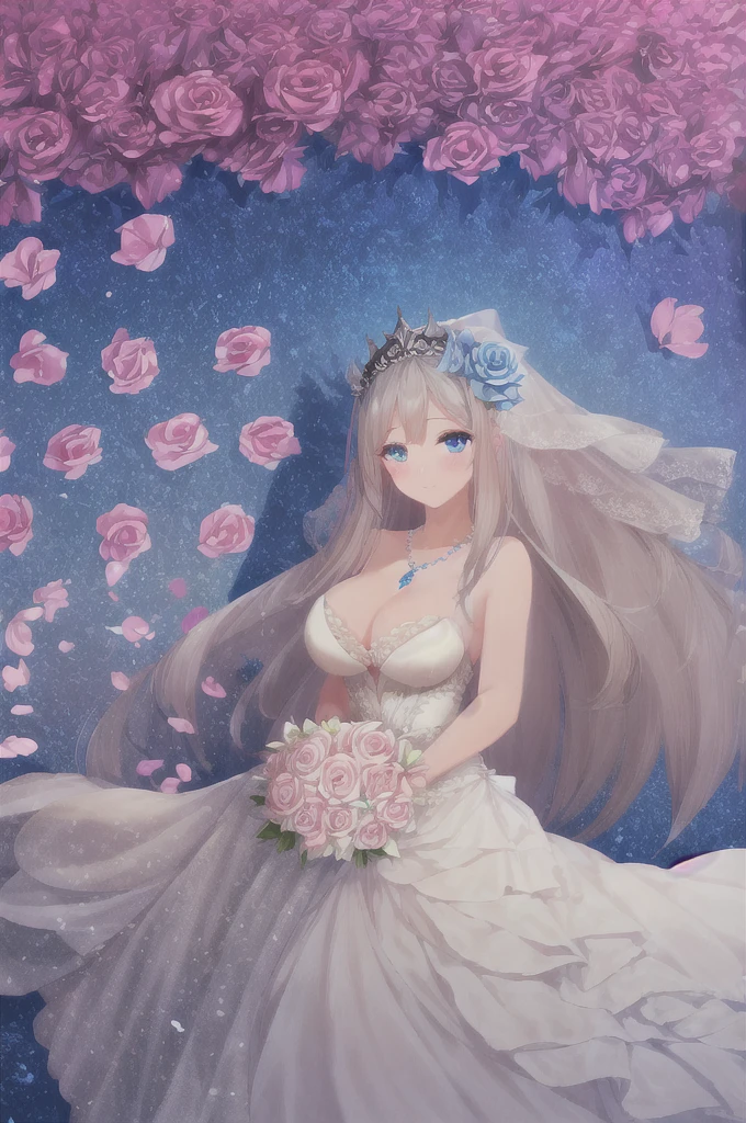 (((Best quality))),((Ultra-detailed)),((illustration)),((Disheveled hair)),((frilld)),(1 girl),(Solo),1girl,
1girl,
blue bow,
blue eyes,
blue flower,
blue ribbon,
blue rose,
bouquet,
breasts,
dress,
flower,
gradient,
gradient background,
grey background,
jewelry,
long hair,
necklace,
petals,
rose,
solo,
veil,
wedding dress,
white dress,
lexington \(warship girls r\),
gray hair,
long dress,
full body,