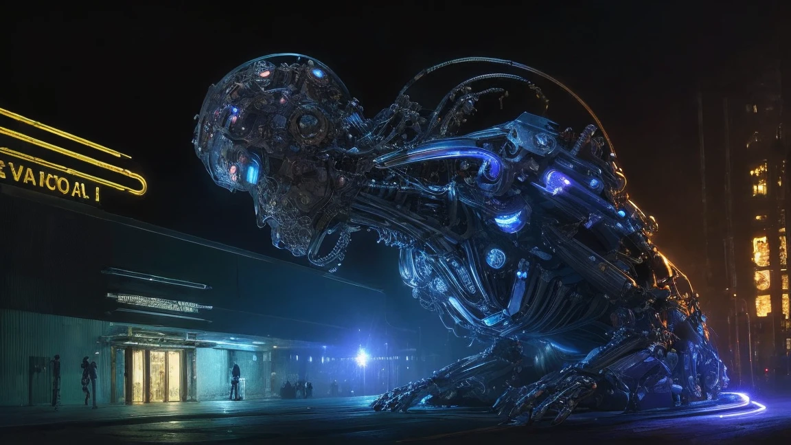 Superior quality, Masterpiece, ultrahigh resolution, ((photorealistic: 1.4), RAW photo, 1 chica cyberpunk, shiny skin, 1 mechanical girl, (ultra realistic details)), mechanical limbs, Tubes connected to mechanical parts, Mechanical vertebrae attached to the spine, mechanical cervical attachment to the neck, wires and cables that connect to the head, Evangelion, Ghost in the shell, small bright LED lamps, global ilumination, deep shadows, octane rendering, 8k, ultra sharp, Metal, Intricate ornamental details, baroque details, very intricate details, realistic light, CGSoation tendencia, in front of camera, neon details, (Android factory in the background), art by H.r. Giger and Alphonse Mucha.
 info