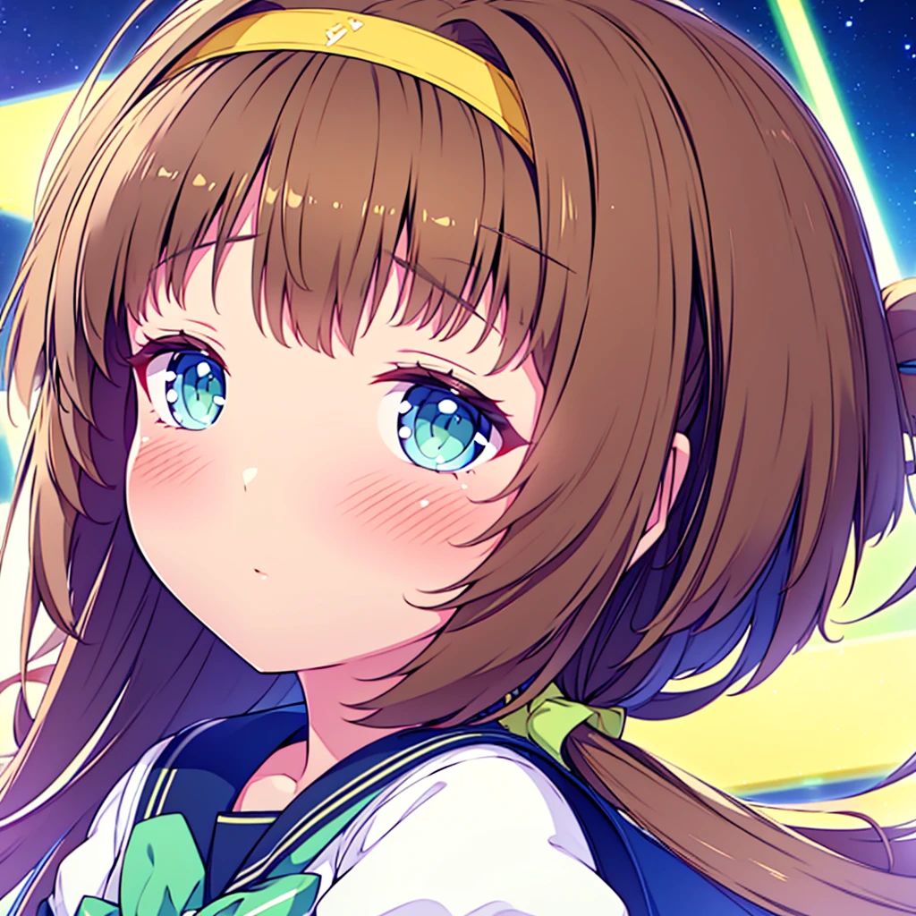 (best quality,4k,highres),ultra-detailed,realistic,portraits,green eyes, long brown hair,anime style,futuristic,Y2K aesthetic,ribbon headband,small breast,futuristic sailor lolita dress,puffy sleeves,white and blue,colorful lighting.