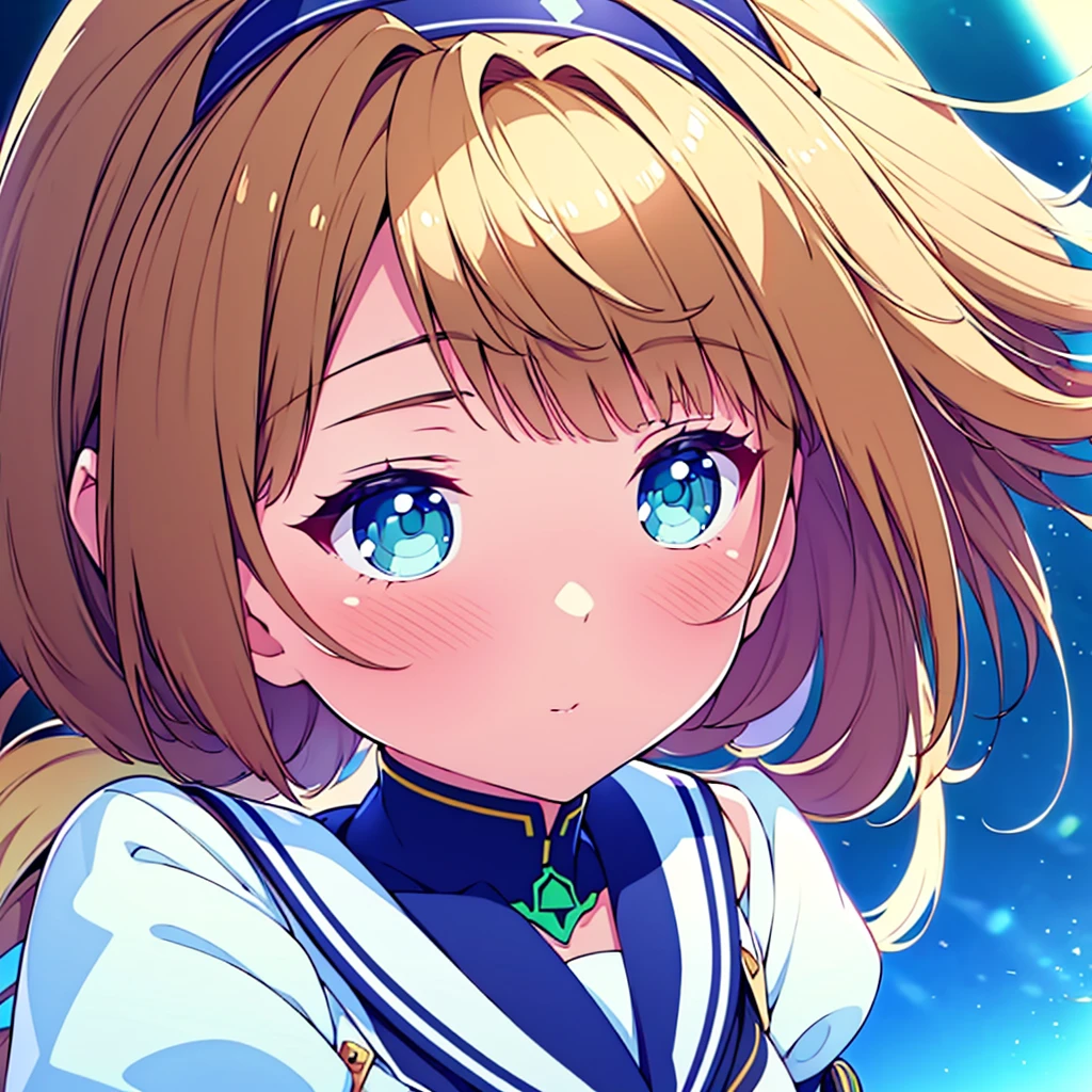 (best quality,4k,highres),ultra-detailed,realistic,portraits,green eyes, long brown hair,anime style,futuristic,Y2K aesthetic,ribbon headband,small breast,futuristic sailor lolita dress,puffy sleeves,white and blue,colorful lighting.