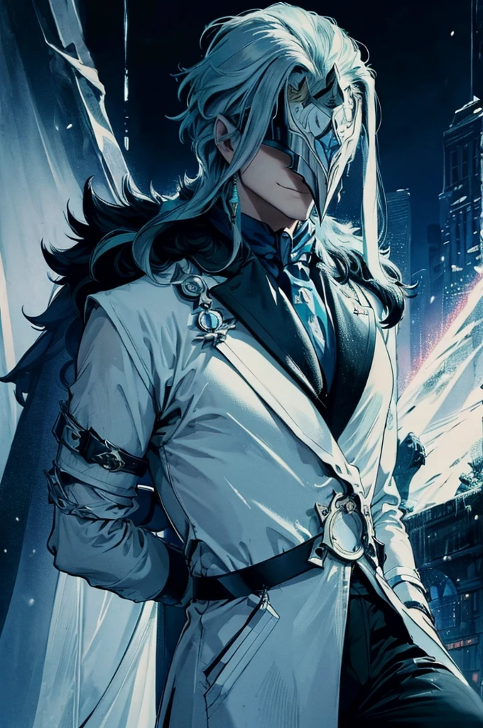 In realistic painting portrait of high quality and detail, Dottore (Genshin Impact), 2000's movie style, , 1man, full body, 30-year-old man, sharp features, detailed face, evil smiling expression, He has long blue hair and wears a black pointed mask covering his eyes. He is wearing a white coat with silver inserts over a blue shirt and loose black trousers. There are a lot of black belts and blue details on the clothes. Dottore wears black fur, which is attached to the right shoulder pad, resembling a plague doctor mask, dark and moody lighting, portrait, contrasting colors, subtle shadows, mysterious atmosphere, outdoors, snow, Red Square on the background, He's stands on the 19th century Red Square, (ultra-high detail:1.2), Masterpiece, Best Quality, Ultra-detailed, Cinematic lighting, 8K, delicate features, cinematic, 35 mm lens, f/1.9, highlight lighting, global lighting –uplight –v 4, Cinematic lighting, 8K, high quality, Highest Quality, (Solo Focus), (extremly intricate:1.3), (Realistic), masterful, Analog style, (Film grain:1.5), (warm hue, cold tone), Mystical powers, fantasy, Depth & Perspective, movie style, dark and mysterious atmosphere,