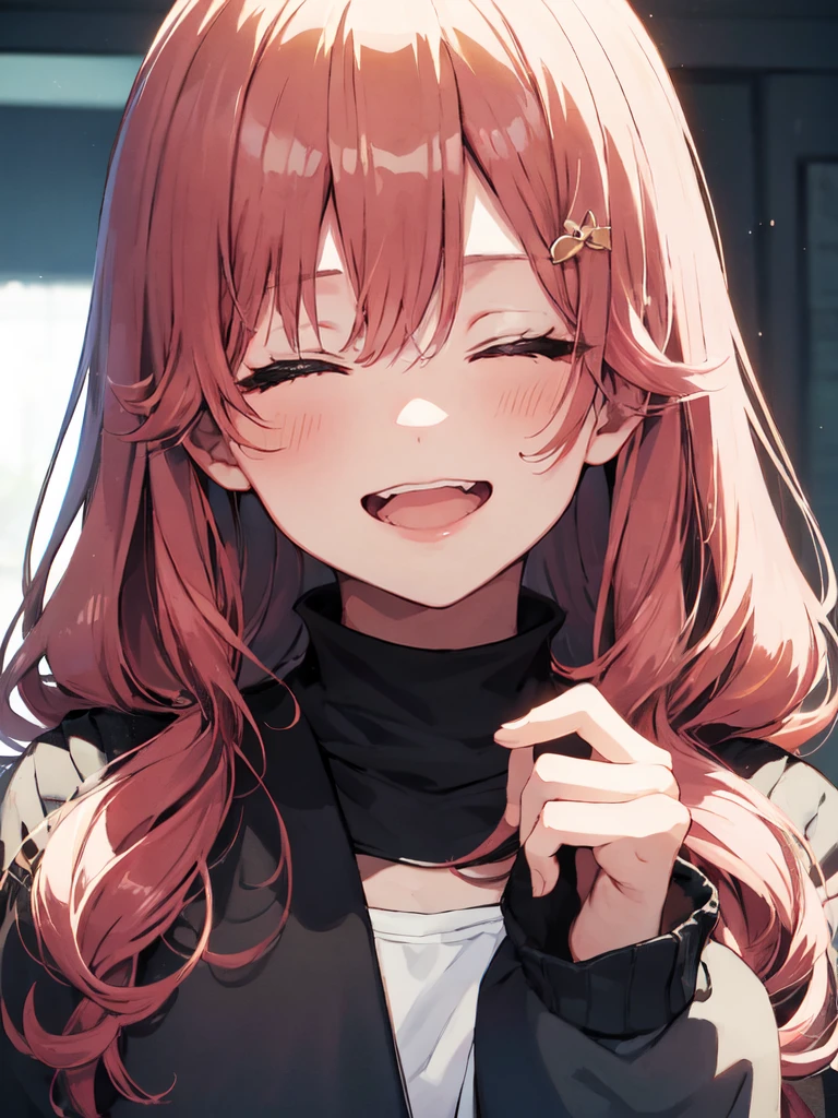 girl, 独奏,big, masterpiece, Highest quality, smile, cyber-, One person city、SakuraMiko,Long Hair、Close-up of face、A big smile、Close your eyes and laugh