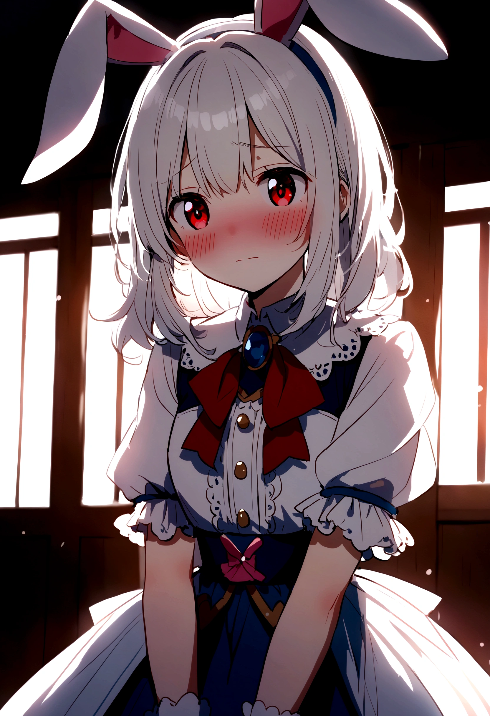 Anime girl with white hair bunny ears, Red eyes, Shy blush, 