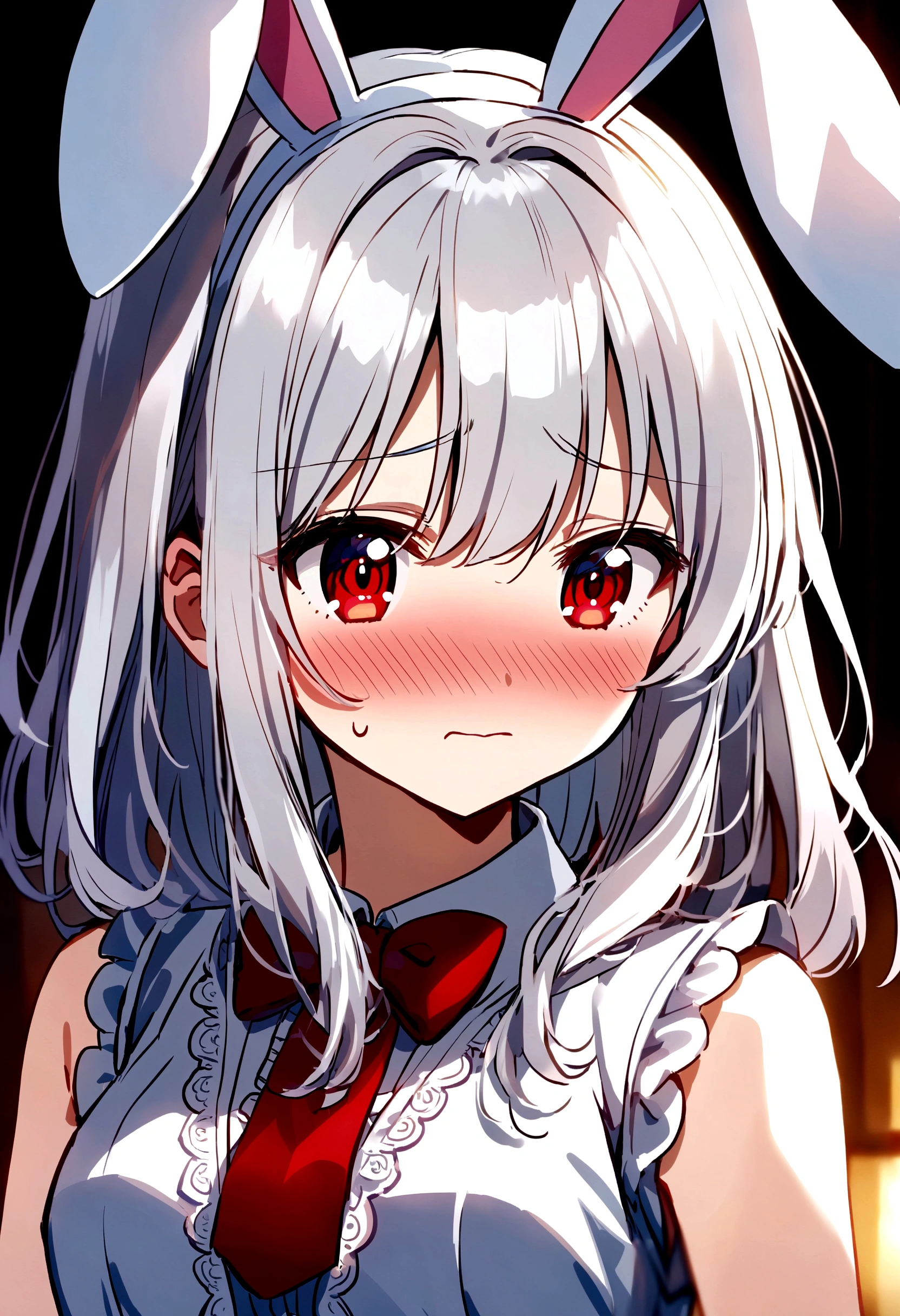 Anime girl with white hair bunny ears, Red eyes, Shy blush,