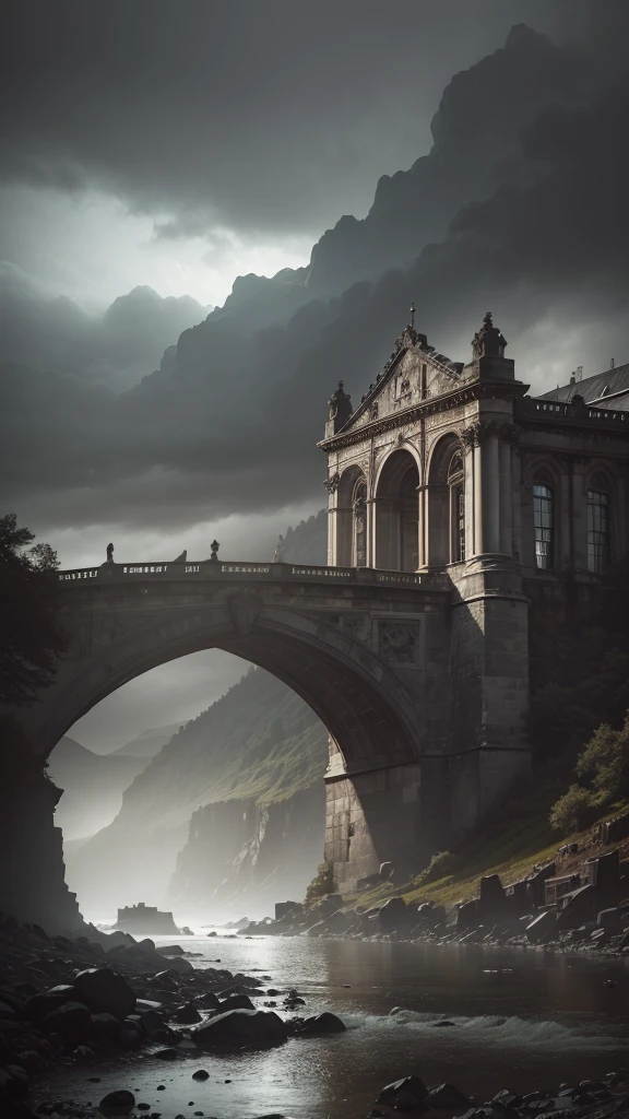a detailed photo-realistic image of the Overtoun Bridge, built over a deep gorge in Scotland, with a dark, gloomy atmosphere, dramatic lighting, and the earth in the background, (best quality,8k,ultra-detailed,extremely detailed description,vivid colors,cinematic lighting,dramatic lighting,photorealistic,photo-realistic:1.37),landscape,gothic architecture,moody,atmospheric,dark,ominous,haunting,mysterious,ancient,brooding sky,cloudy,overcast,gloomy,foreboding