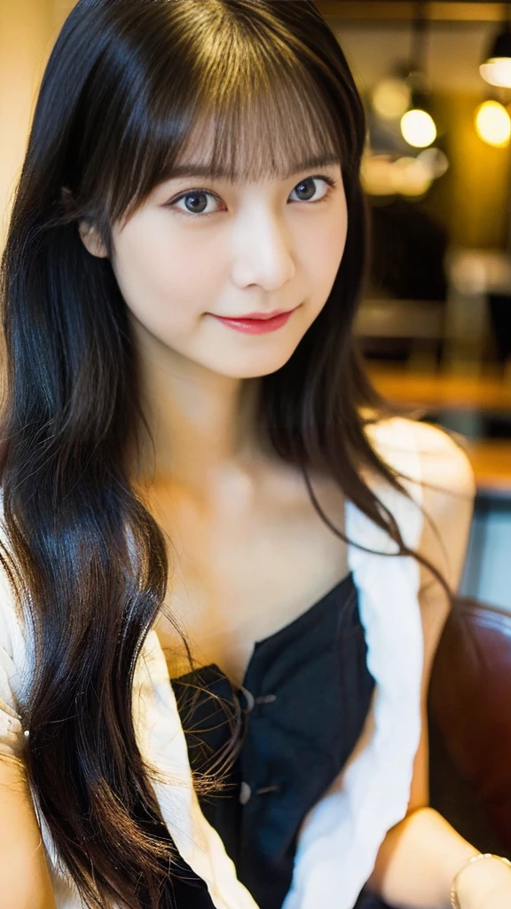 Portrait of a Japanese woman、alone、20 year old Japanese woman、Beautiful Face、Upper Body、Hair over one ear、Medium Sidecut、Black Hair、Ugly costume、(Highest quality、High resolution、high resolution、masterpiece:1.3)、At the cafe、Stylish cafe