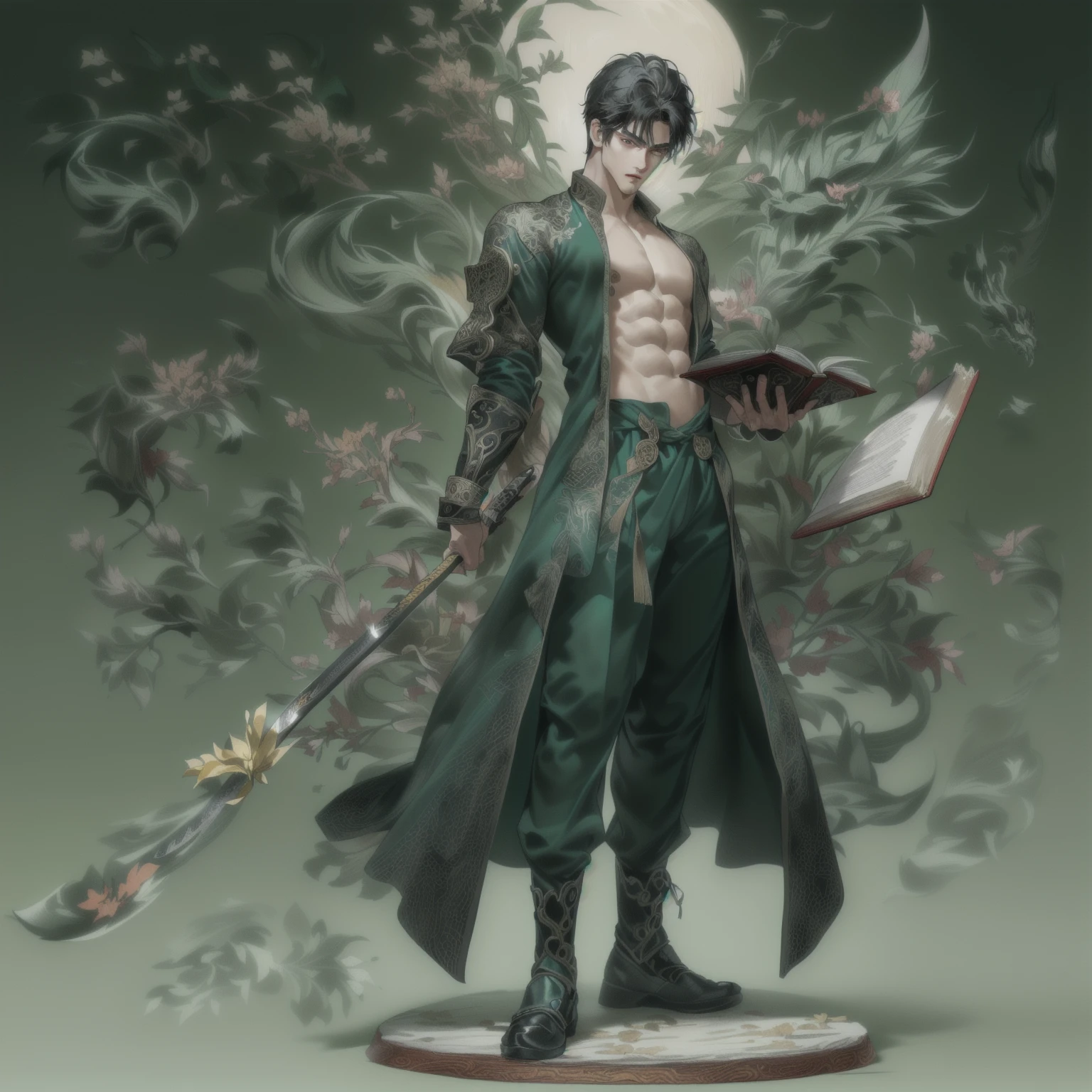 ((Extremely complex and exquisite details，masterpiece，Highest quality，Full body picture of a strong, masculine and handsome man with short black hair，Modernity，Strong handsome masculine style，Holding a stick with a machete in his right hand，Holding book in left hand，Showing off muscles))，Very strong muscles，Delicate Chinese dragon and pine tree background