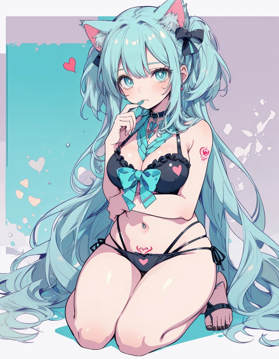 tattoo, heart-shaped pupils, full-body, bikini, biting lip, ((masterpiece, best quality:1.5)), ((Beautiful detailed cat aqua eyes:1.2)), cat ears, pale skin, medium breasts, beautiful hands, beautiful fingers, EasyNegative