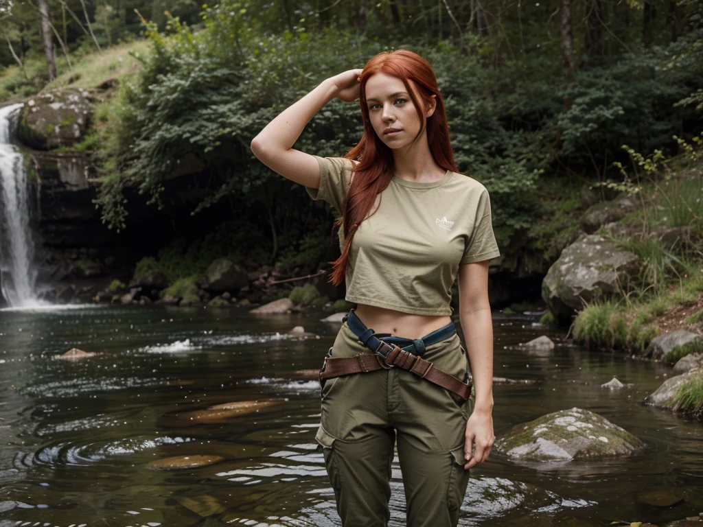 waterfall and Pools at 35 feet high, Vibrant red hair girl "She's very tall Extra long legs, Long flowing ultra red hair, and here arm over her head, On the other in her air and in the hair, clothes Hiking pants and top in the colour of Brown khaki Gear," Standing knee high with white little dogs, Give this picture an Irish feel of an Irish countryside," Make all the water Bright blue She's got to be in hiking boots trousers and topance, With her hiking gear she has to be wearing a hiking knife around her waist for protection" Make the girl's face as realistic as possible give me any suggestions to make her more realistic looking" The left arm high in the air, Make the background greener, Make the haunting knife larger around her waist