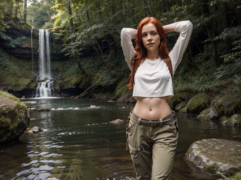 waterfall and Pools at 35 feet high, Vibrant red hair girl "She's very tall Extra long legs, Long flowing ultra red hair, and here arm over her head, On the other in her air and in the hair, clothes Hiking pants and top in the colour of Brown khaki Gear," Standing knee high with white little dogs, Give this picture an Irish feel of an Irish countryside," Make all the water Bright blue She's got to be in hiking boots trousers and topance, With her hiking gear she has to be wearing a hiking knife around her waist for protection" Make the girl's face as realistic as possible give me any suggestions to make her more realistic looking" The left arm high in the air, Make the background greener, Make the haunting knife larger around her waist