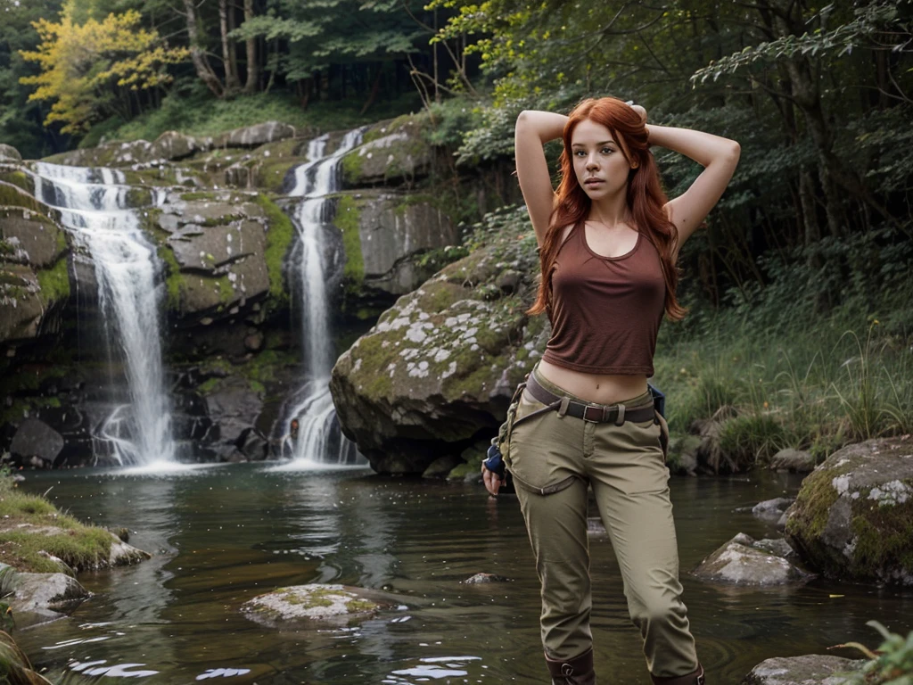 waterfall and Pools at 35 feet high, Vibrant red hair girl "She's very tall Extra long legs, Long flowing ultra red hair, and here arm over her head, On the other in her air and in the hair, clothes Hiking pants and top in the colour of Brown khaki Gear," Standing knee high with white little dogs, Give this picture an Irish feel of an Irish countryside," Make all the water Bright blue She's got to be in hiking boots trousers and topance, With her hiking gear she has to be wearing a hiking knife around her waist for protection" Make the girl's face as realistic as possible give me any suggestions to make her more realistic looking" The left arm high in the air, Make the background greener, Make the haunting knife larger around her waist