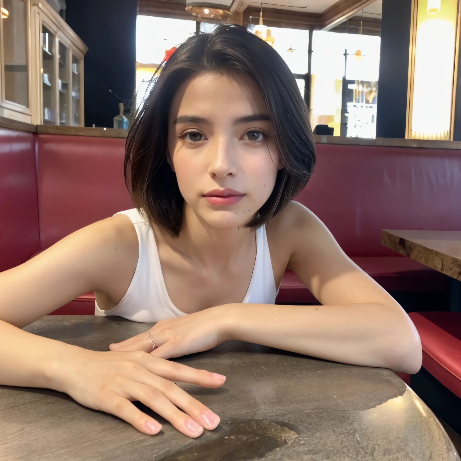 beau visage, meilleure qualité,lumière naturelle ultra haute résolution, peau brillante,peau détaillée,visage détaillé,Yeux détaillés, belle fille marocaine, dans un restaurant moderne en voyant tout son corps jusqua son bassins cette meme fille est entrain de caresser son chien blanc