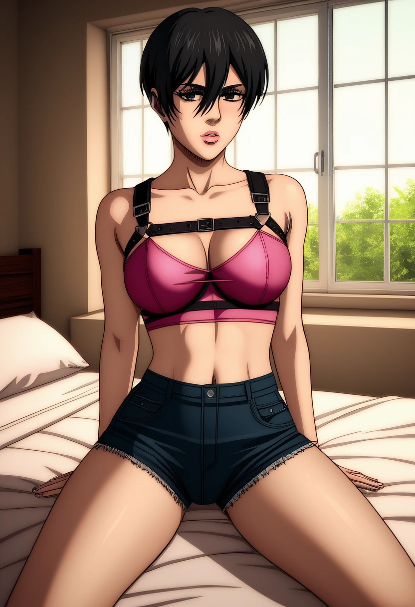 score_9_up, score_8_up, score_7_up, 1girl, solo, mature female, ((Mikasa Ackerman)), ((black very short hair)), ((black pixie cut)), black eyes, pink lips, fit slim body,(((perfect erected medium breast))) (((pink tight mesh top, tight jean shorts, black harness))), (((highly detailed bedroom, window, bed))), perfect fit model body, wide hips, seductive pose