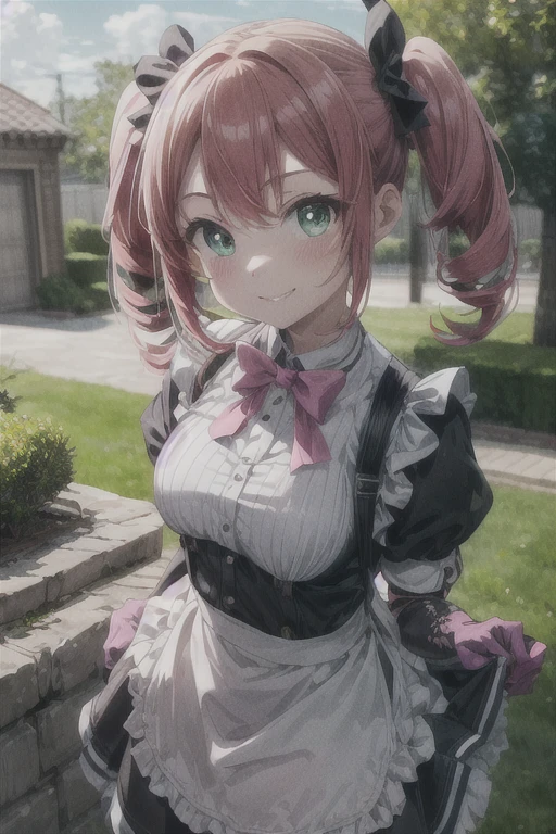 (masterpiece), Highest quality, (((Super detailed, 8K quality))), Expressive eyes, Perfect Face, Perfect Anatomy, Perfect body, scene, Hanabishi Haruka, Twin tails, (Green Eyes:1.3), Pink Hair, smile,  garden, Knee socks, gloves, dress, bow, Magical girl, pink gloves, close Portraiture, Maid, Maid headdress, smile, Skirt Hold, garden, Portraiture, close, Purple Hair