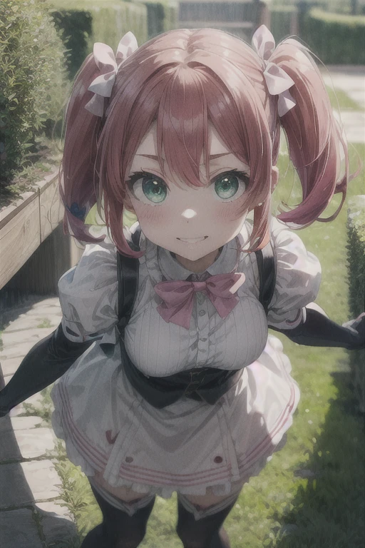 (masterpiece), Highest quality, (((Super detailed, 8K quality))), Expressive eyes, Perfect Face, Perfect Anatomy, Perfect body, scene, Hanabishi Haruka, Twin tails, (Green Eyes:1.3), Pink Hair, smile,  garden, Knee socks, gloves, dress, bow, Magical girl, pink gloves, close Portraiture, Maid, Maid headdress, smile, Skirt Hold, garden, Portraiture, close, Purple Hair